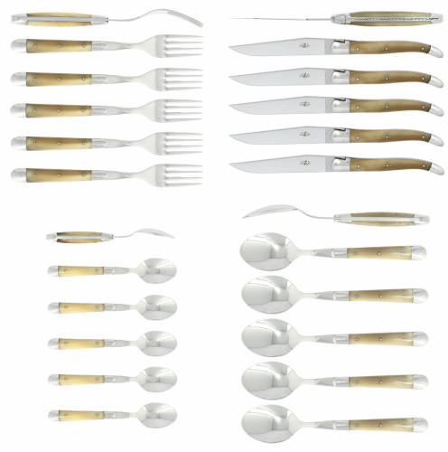 Zestaw sztućców 03, rękojeści z jasnego rogu, polerowane, Tradition - Forge de Laguiole