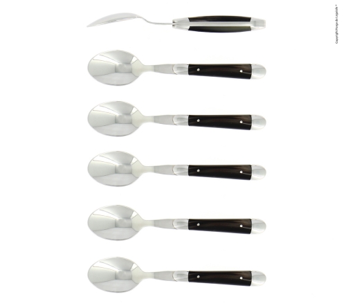 Sześć łyżeczek deserowych, uchwyt z ciemnego rogu, polerowany, Tradition - Forge de Laguiole