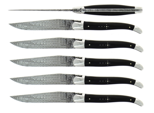 Sześć noży, rękojeści z ciemnego rogu, damascenizowane, kolekcja - Forge de Laguiole