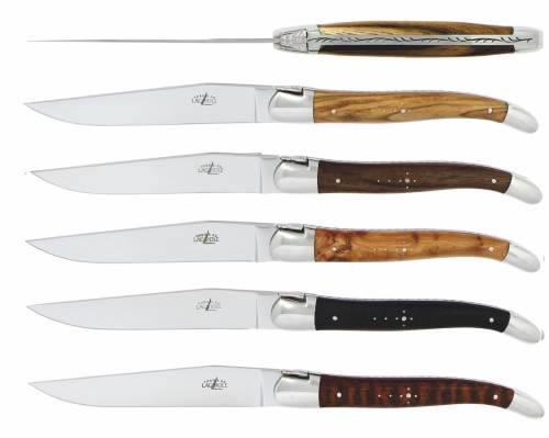 Sześć noży, rękojeści z różnych gatunków twardego drewna, polerowane, Tradition - Forge de Laguiole
