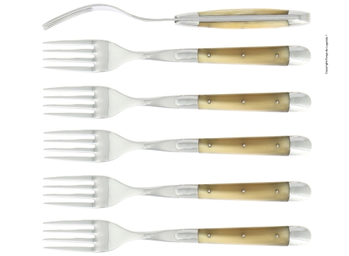 Sześć widelców, rękojeść z jasnego rogu, polerowana, Tradition - Forge de Laguiole