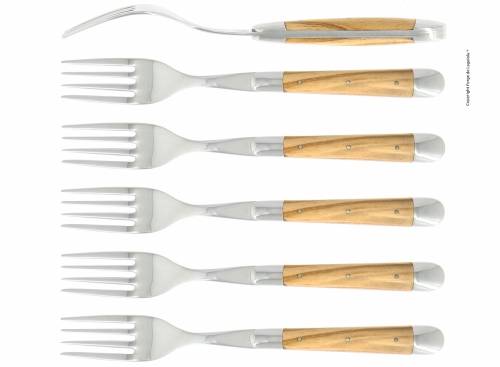 Sześć widelców, uchwyt z drewna oliwnego, polerowany, Tradition - Forge de Laguiole