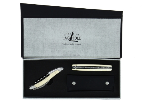 Nóż składany i nóż sommelierski z rogu mamuta, damascenizowany - Forge de Laguiole