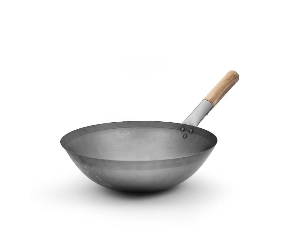 Patelnia wok ze stali węglowej 36 cm z drewnianą rączką (okrągłe dno) w grupie Gotowanie / Patelnia / Patelnie do woka w The Kitchen Lab (1069-16933)