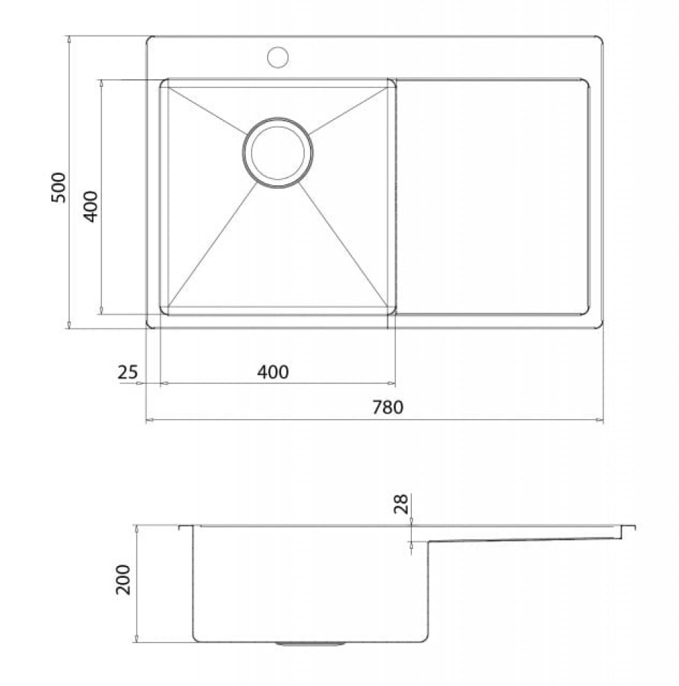 Zlewozmywak ze stali nierdzewnej 780 x 500 mm z ociekaczem po prawej stronie Zlewozmywak ze stali nierdzewnej 780 x 500 mm z ociekaczem po prawej stronie