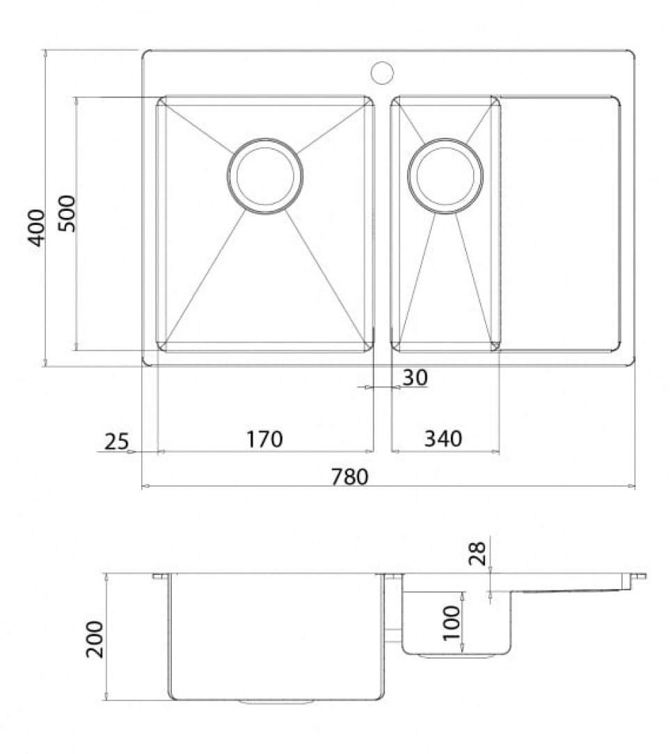 Zlewozmywak dwukomorowy ze stali nierdzewnej 780 x 500 mm z ociekaczem po prawej stronie Zlewozmywak dwukomorowy ze stali nierdzewnej 780 x 500 mm z ociekaczem po prawej stronie