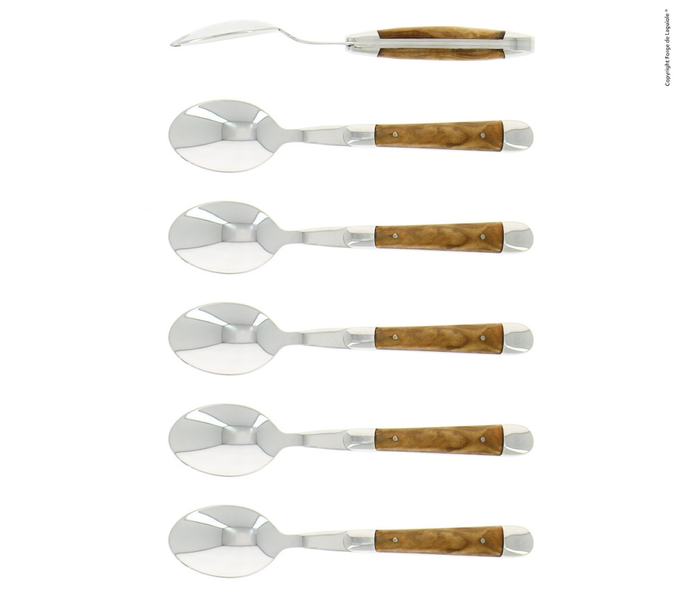 Sześć łyżeczek deserowych, uchwyt z drewna oliwnego, polerowany, Tradition - Forge de Laguiole w grupie Nakrycie stołu / Sztućce / Łyżki w The Kitchen Lab (1446-32907)