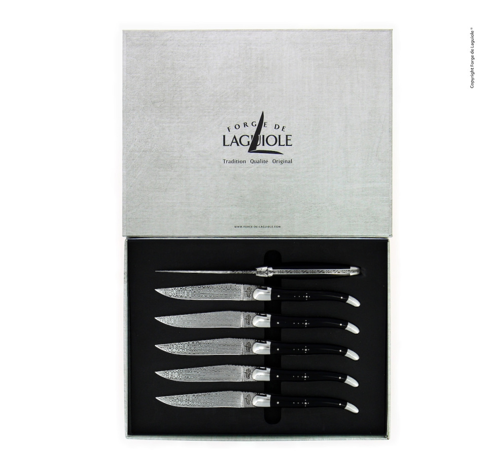 Sześć noży, rękojeści z ciemnego rogu, damascenizowane, kolekcja - Forge de Laguiole