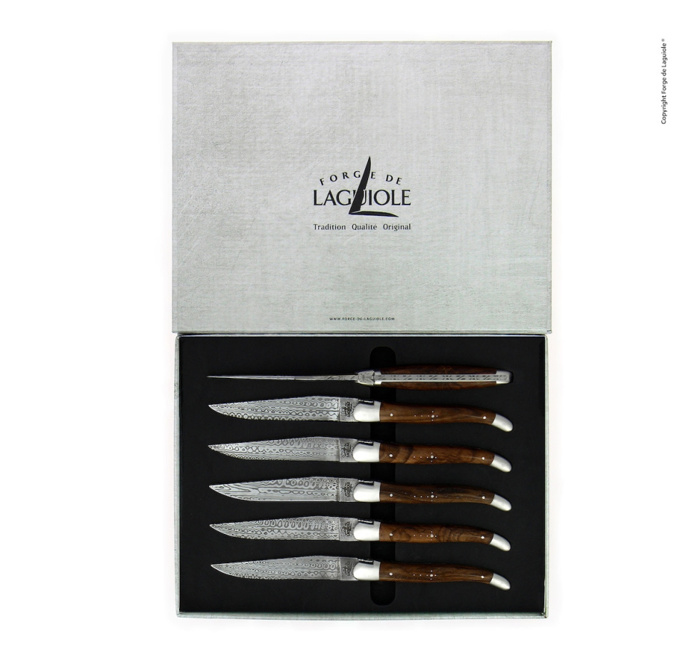 Sześć noży, rękojeść z orzecha włoskiego, matowy adamaszek, kolekcja - Forge de Laguiole