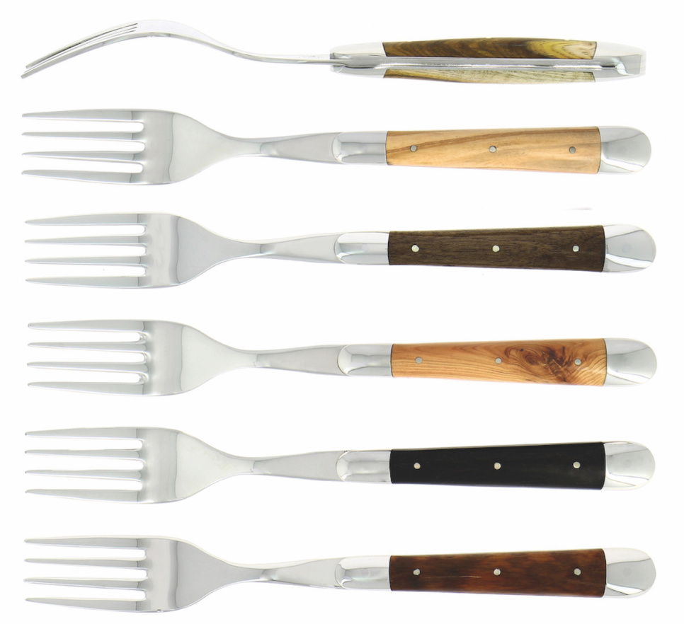 Sześć widelców, uchwyty z różnych rodzajów twardego drewna, polerowane, Tradition - Forge de Laguiole w grupie Nakrycie stołu / Sztućce / Widelce w The Kitchen Lab (1446-32929)