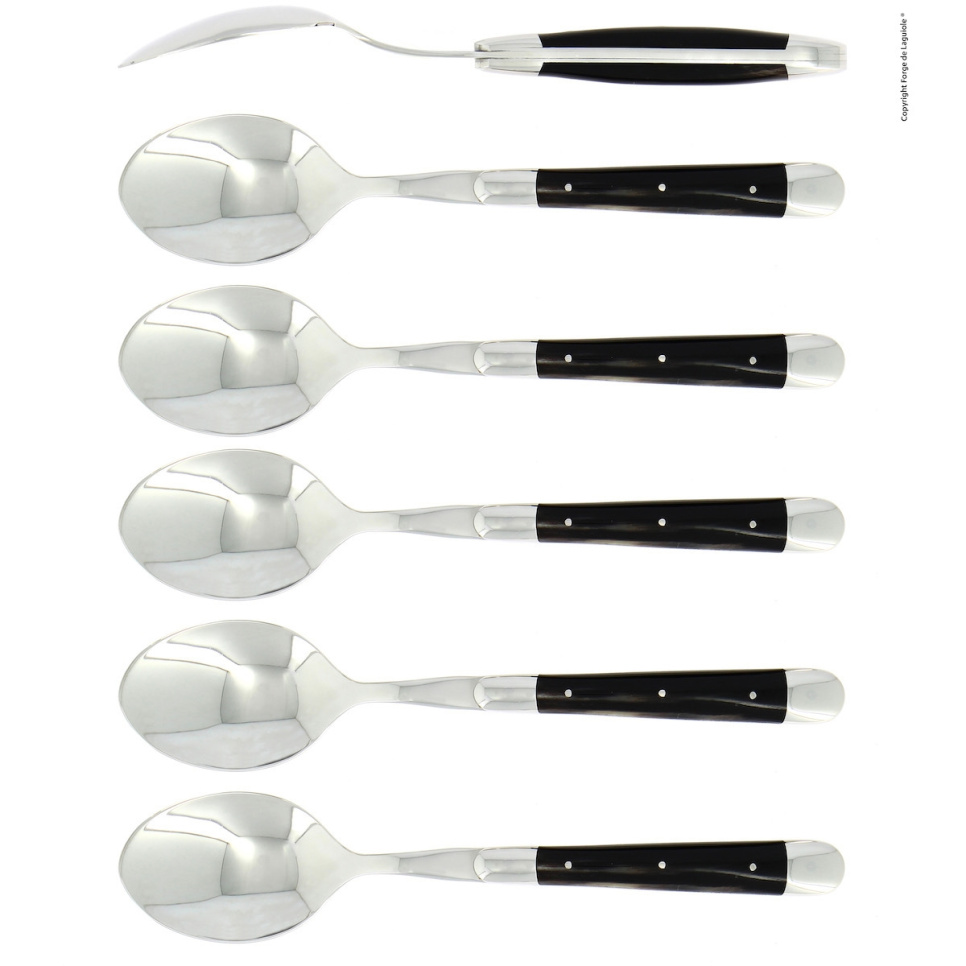 Sześć łyżek, uchwyt z ciemnego rogu, polerowany, Tradition - Forge de Laguiole w grupie Nakrycie stołu / Sztućce / Łyżki w The Kitchen Lab (1446-32941)