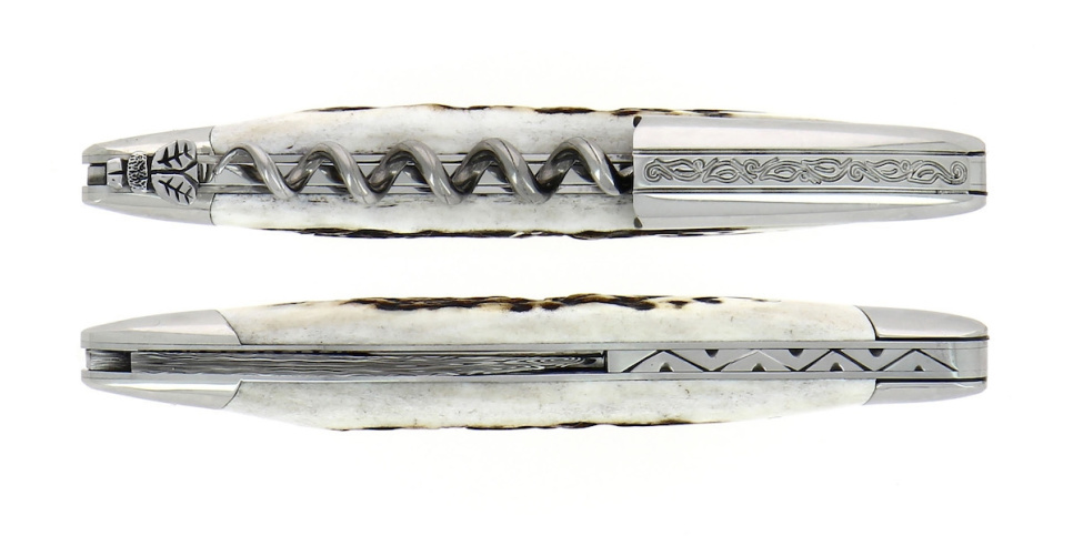 Nóż sommelierski z poroża jelenia, damascenizowany z dekoracją, kolekcja - Forge de Laguiole