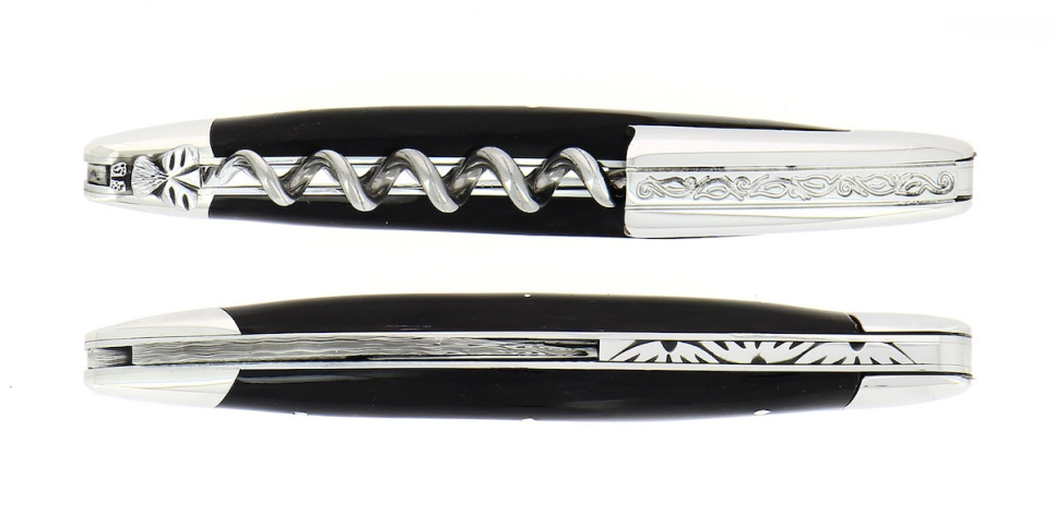 Nóż sommelierski z ciemnego rogu, damascenizowany z dekoracją, kolekcja - Forge de Laguiole