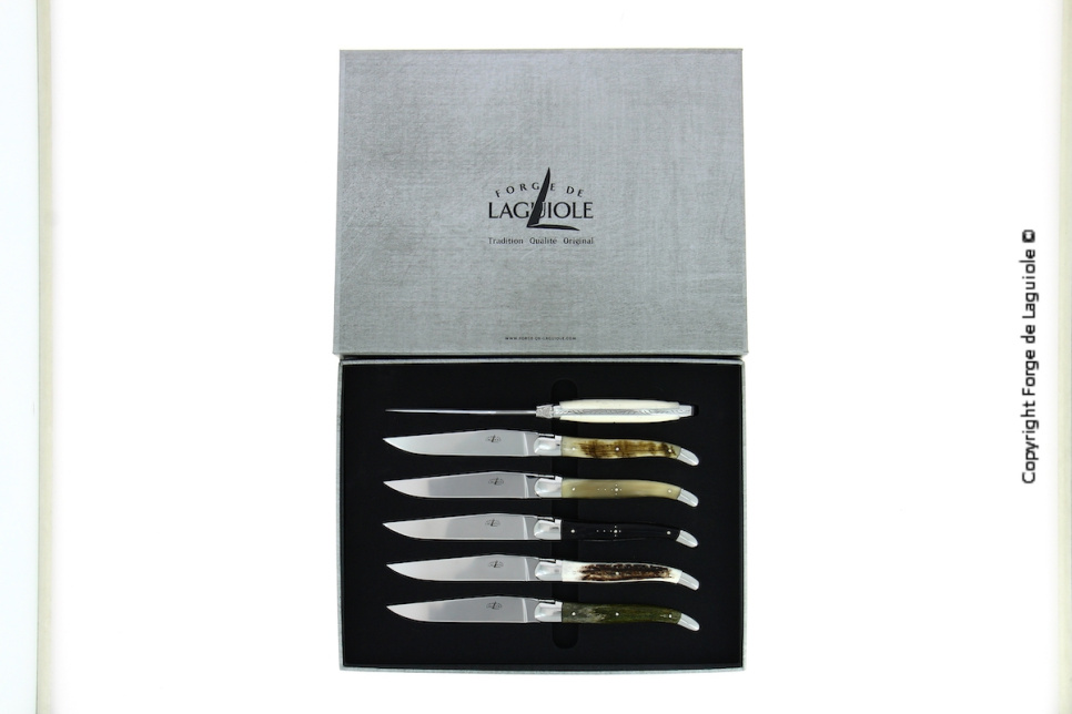Sześć noży, rękojeści z różnych materiałów zwierzęcych, polerowane, Tradition - Forge de Laguiole