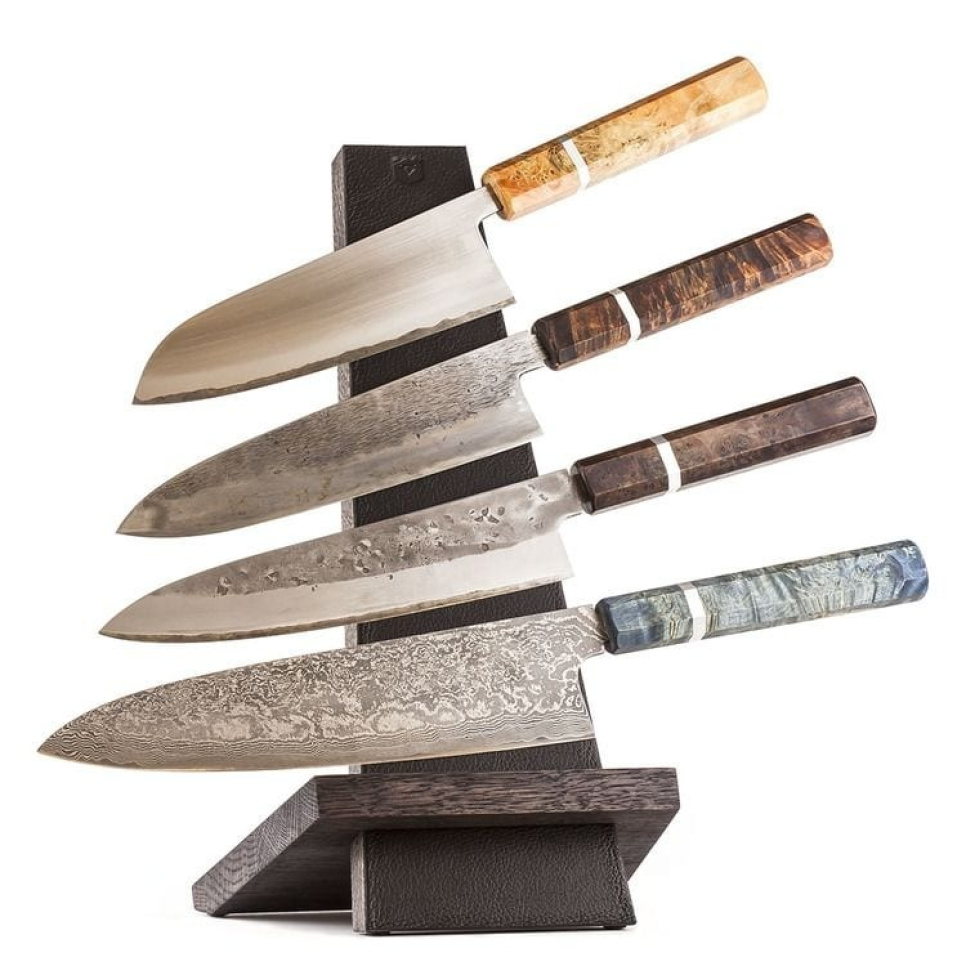 Ręcznie wykonany stojak na noże, dąb i skóra - Piotr The Bear