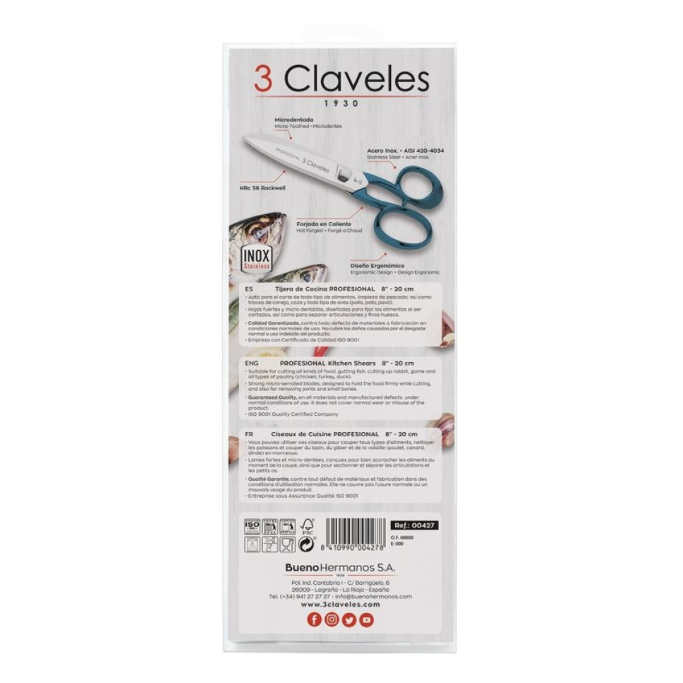 Profesjonalne nożyczki kuchenne ze stali nierdzewnej, niebieskie - 3 Claveles