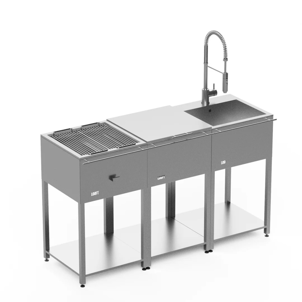 Kuchnia ogrodowa, kompletna z grillem węglowym, blatem roboczym i zlewem – Looft