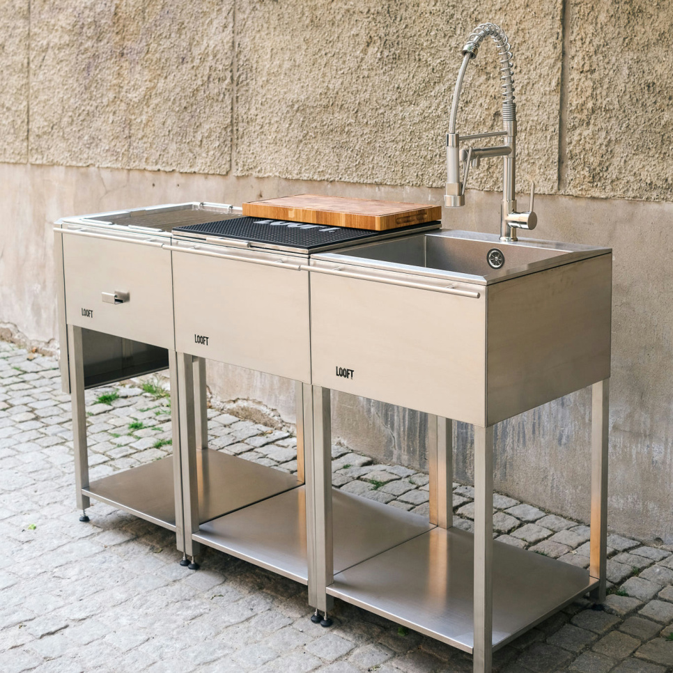 Kuchnia ogrodowa, kompletna z grillem węglowym, blatem roboczym i zlewem – Looft