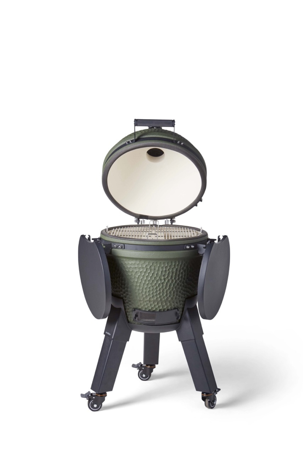 Grill Kamado z uchwytem na nogi, czarnymi nogami z kółkami i stolikiem bocznym - Moddern Grill Kamado z uchwytem na nogi, czarnymi nogami z kółkami i stolikiem bocznym - Moddern