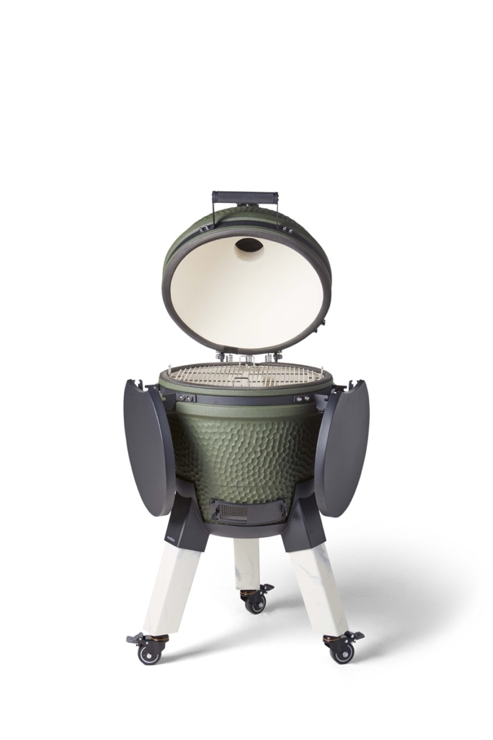 Grill Kamado z uchwytem na nogi, aluminiowymi nogami (imitacja marmuru) z kółkami i stolikiem bocznym - Moddern Grill Kamado z uchwytem na nogi, aluminiowymi nogami (imitacja marmuru) z kółkami i stolikiem bocznym - Moddern