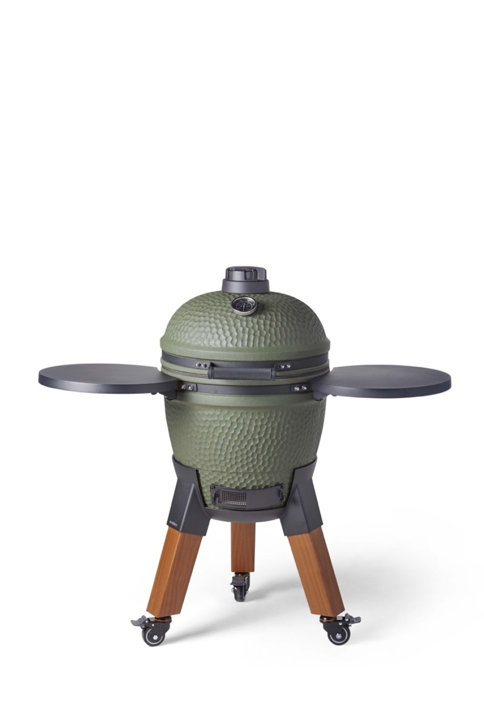 Grill Kamado ze wspornikiem nóg, aluminiowymi nogami (imitacja drewna) z kółkami i stolikiem bocznym - Moddern Grill Kamado ze wspornikiem nóg, aluminiowymi nogami (imitacja drewna) z kółkami i stolikiem bocznym - Moddern