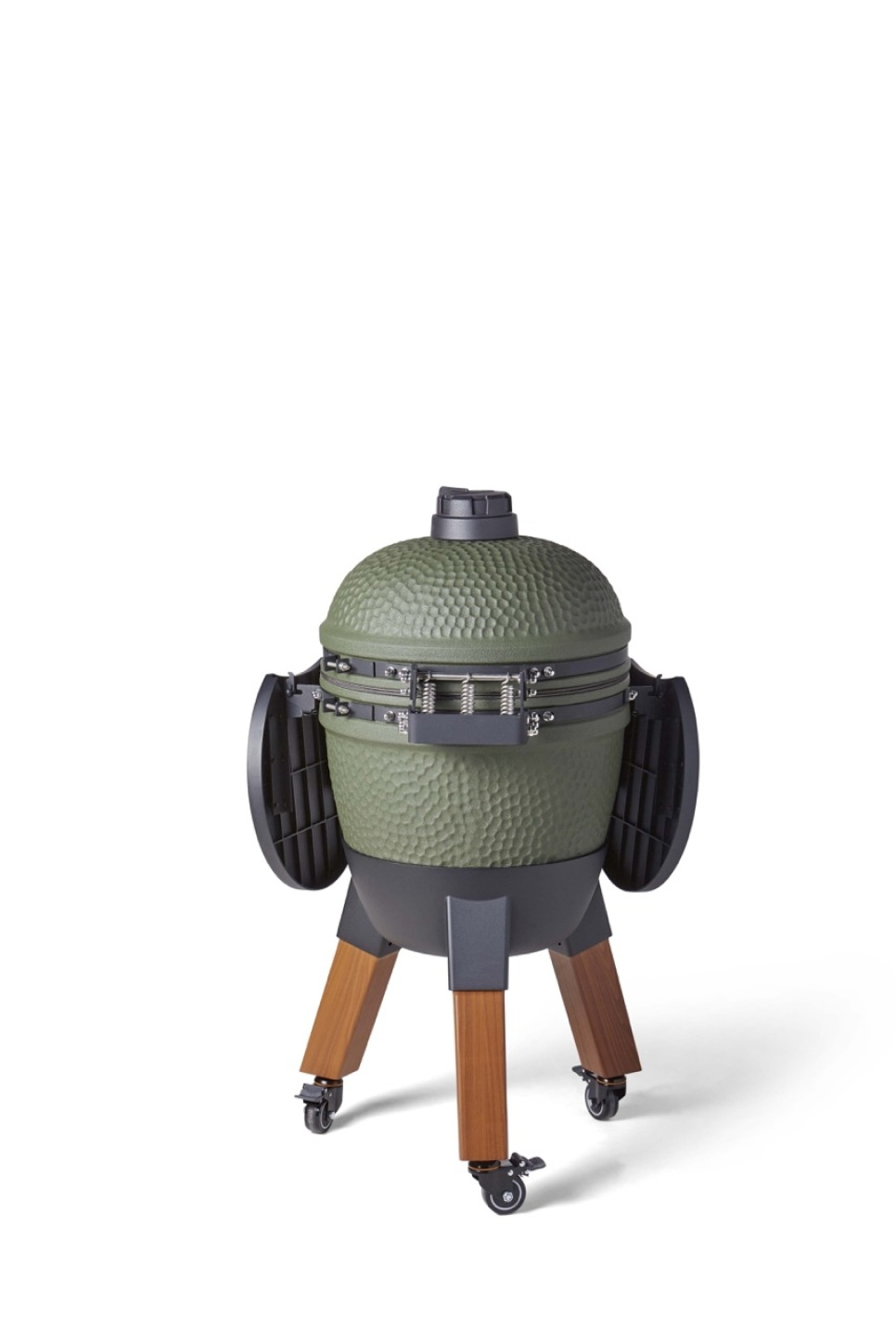 Grill Kamado ze wspornikiem nóg, aluminiowymi nogami (imitacja drewna) z kółkami i stolikiem bocznym - Moddern Grill Kamado ze wspornikiem nóg, aluminiowymi nogami (imitacja drewna) z kółkami i stolikiem bocznym - Moddern